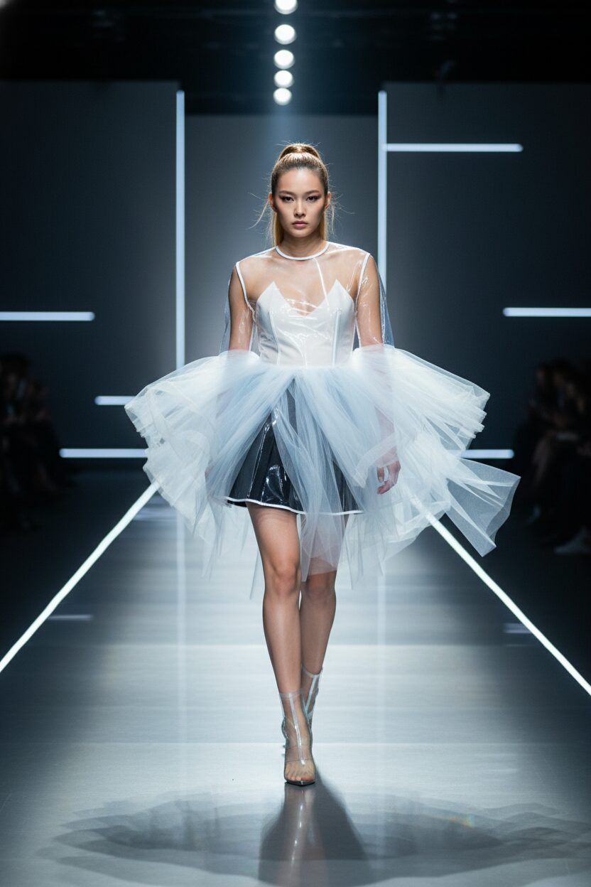 ミニマルなランウェイを歩くモデル。透明なPVCと、まるで重力がないかのように軽やかに浮遊するオーガンジーで作られたアバンギャルドなドレスを着用している。ドラマチックな照明が生地の光を屈折させる特性を際立たせ、未来的で幻想的な雰囲気を醸し出している。