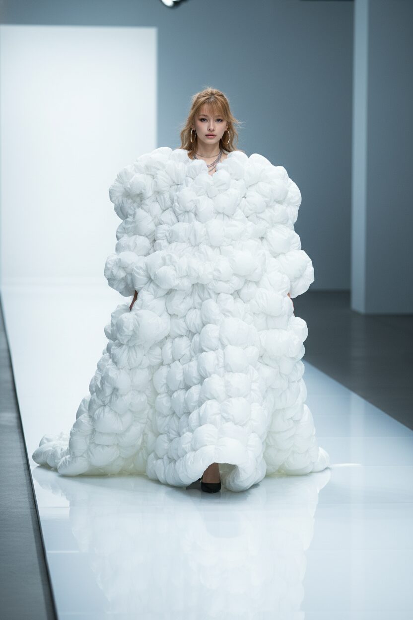 白いランウェイを優雅に歩くモデルの全身ショット。雲を彷彿とさせる立体的な白いパフ構造の、極端にボリュームのあるドレスを着用している。モデルの動きに合わせて、雲のようなシルエットに柔らかな影が生まれ、ファンタジーとハイファッションが融合した世界観を表現している。