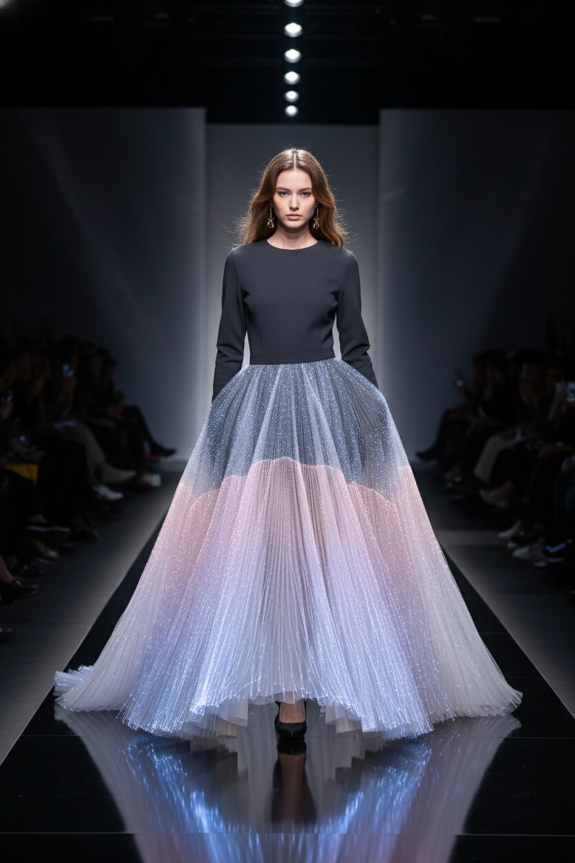 暗転したランウェイを歩くモデル。淡い光を放つ光ファイバーを編み込んだ息をのむほど美しいガウンを着用している。一歩ごとに光の色が繊細に変化し、まるでドレスが呼吸しているかのような効果を生み出している。スカートの裾から波紋のように広がる魅惑的な輝きが印象的だ。