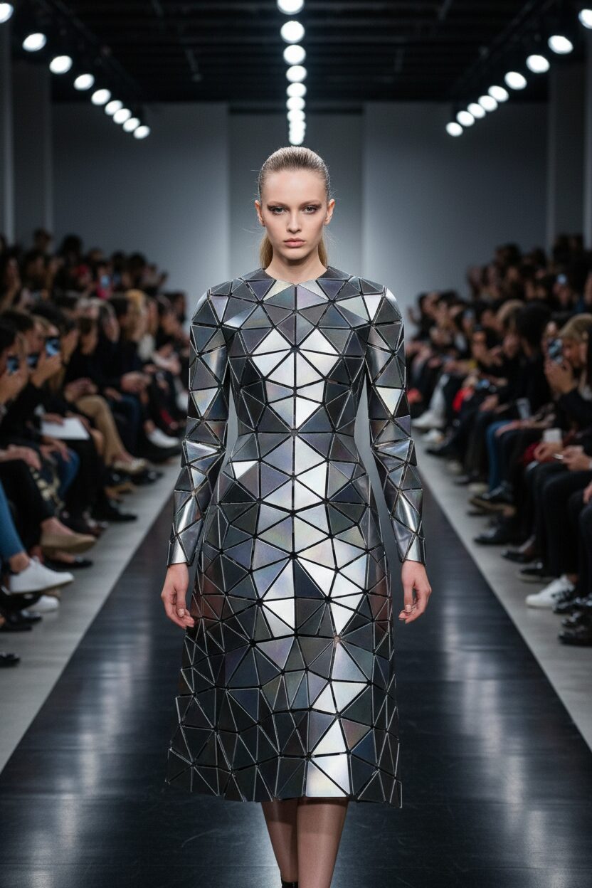 ランウェイの先端に力強く立つモデル。3Dプリント技術を用いて作られた、無数の幾何学的なポリゴンで構成された硬質な彫刻的ドレスを纏っている。光の角度で形を変える建築物のようなシルエットが、観客を圧倒している。