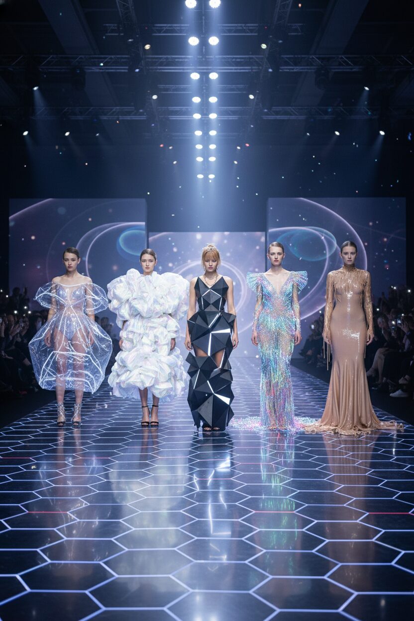 未来的なファッションショーのグランドフィナーレ。5人のモデルがランウェイに並び立つ。それぞれが、浮遊するPVCドレス、雲のようなパフドレス、光ファイバーのガウン、滴るシリコンドレス、3Dプリントのポリゴンドレスという、ショーを象徴するアバンギャルドなルックを着用している。壮大な照明が革新と反逆の熱気を帯びた会場を照らし出す。