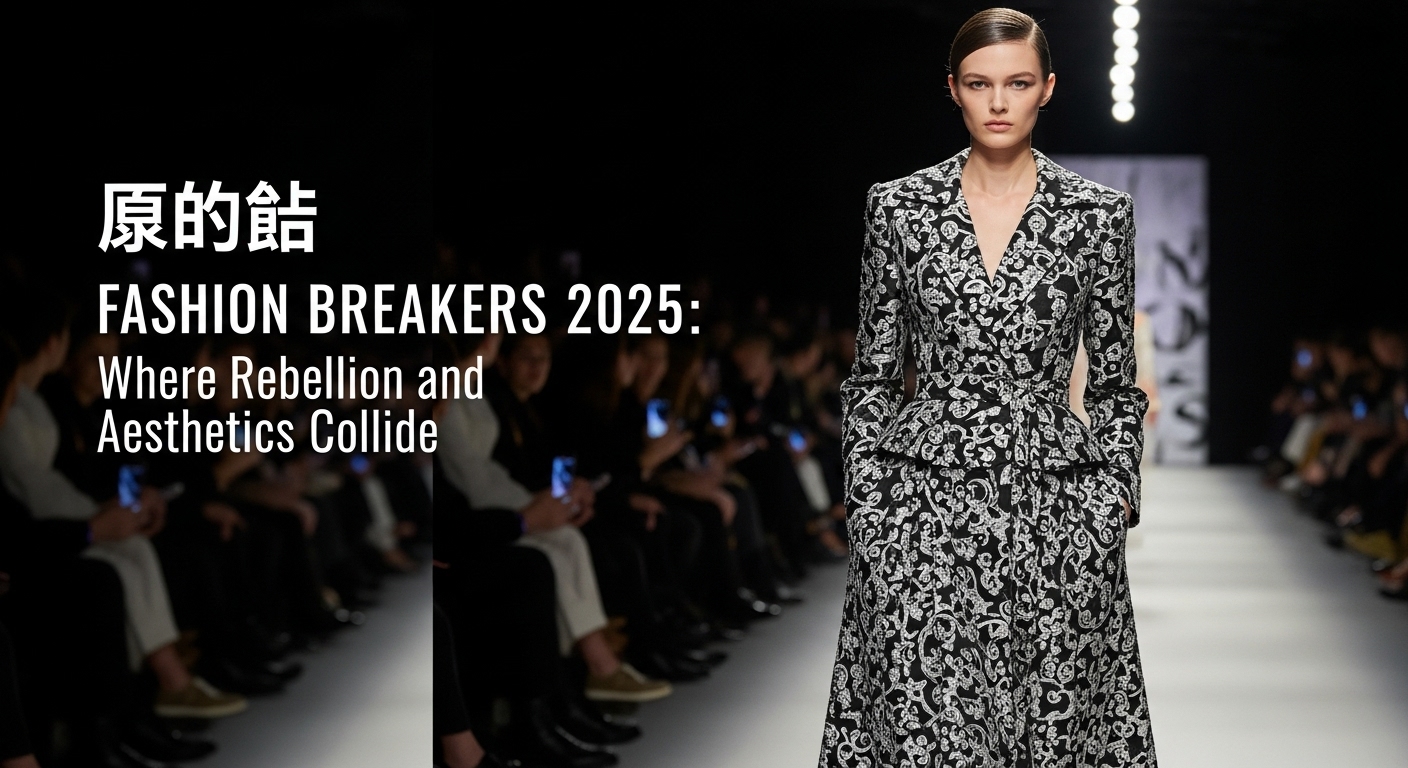 Fashion Breakers 2025のランウェイで、未来的な素材とシルエットのドレスを纏ったモデルが観客を魅了しながらウォーキングしている。