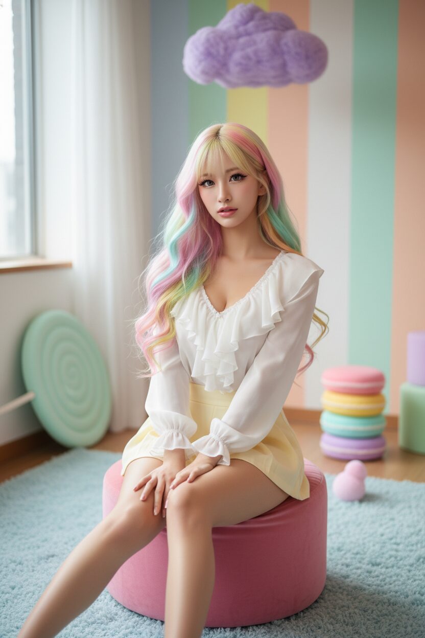 長い虹色のオンブレヘアを波打たせた日本人女性のファッション撮影。彼女は繊細な白いレイヤードフリルのシフォンブラウスとパステルイエローのハイウエストプリーツショートパンツを着用している。背景は明るいキャンディーカラーの部屋で、柔らかく夢のような太陽の光に満ちている。光沢のあるリップと大きなつけまつげが、カワイイファッションの本質を表現している、横長（16:9）の超リアルな写真。