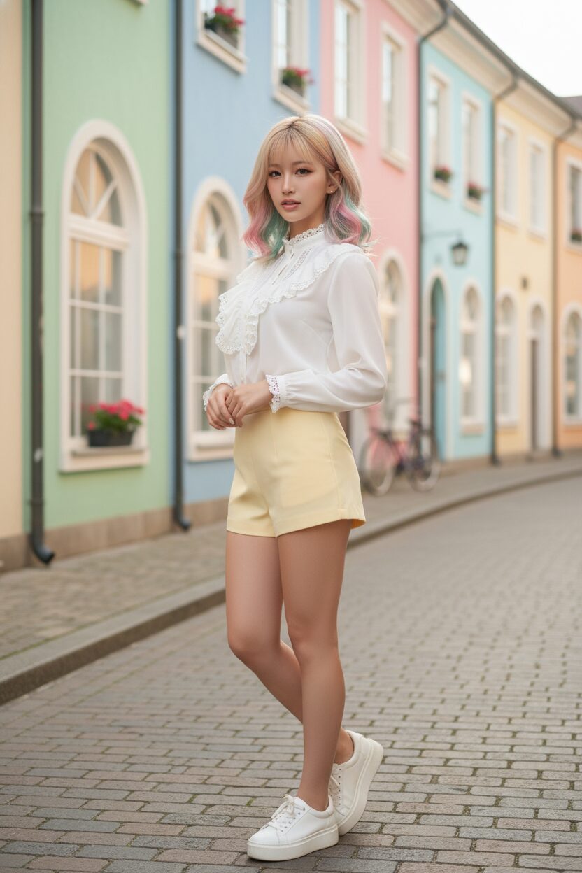 虹色のオンブレヘアを柔らかなボブにした女性の全身ストリートスナップ。繊細なレースの縁取りがあるフリルのシフォンブラウスと、パステルイエローのハイウエストショートパンツを着用。背景はパステルカラーの街並みが美しい通りで、柔らかい自然光に包まれている。ナチュラルメイクに艶のあるリップと控えめなつけまつげで、ソフトでフェミニンなカワイイスタイルを表現している、横長（16:9）のプロファッション写真。