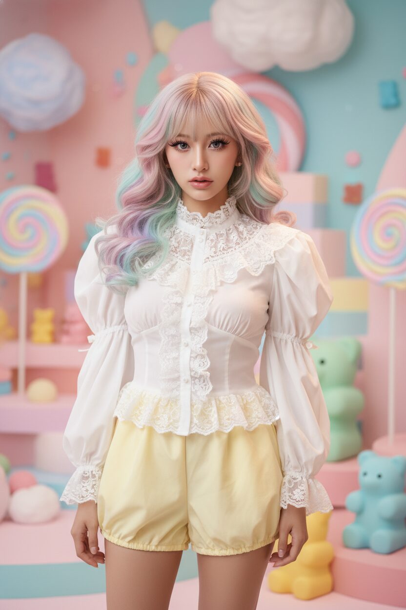 プロのスタジオで撮影されたミディアムショット。ボリュームのある虹色のオンブレヘアを人形のようにカールさせたモデルが、大きなレースのフリルネックラインが特徴の白いパフスリーブブラウスと、パステルイエローのバルーンショートパンツを着用。背景は幻想的で甘いお菓子のような色合いの部屋。柔らかく輝く照明が人形のような美しさを引き立てている。横長（16:9）の超リアルな写真。