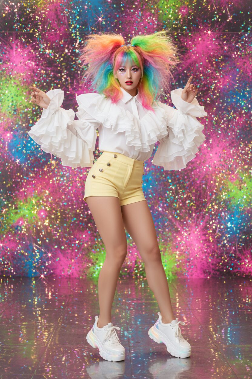 ボリュームのあるスパイク状の虹色オンブレヘアの女性を捉えた、ダイナミックな全身アクションショット。オーバーサイズのフリルがついた白いシフォンブラウスに、パステルイエローのボタン付きショートパンツ、厚底スニーカーを合わせている。背景は明るくきらめく光が溢れる、カオスでネオンキャンディーカラーの部屋。鮮やかで表現力豊かなメイクと光沢のあるリップが特徴。ハイパーポップなカワイイのエネルギーを捉えた、横長（16:9）の超リアルなストリートスナップ写真。