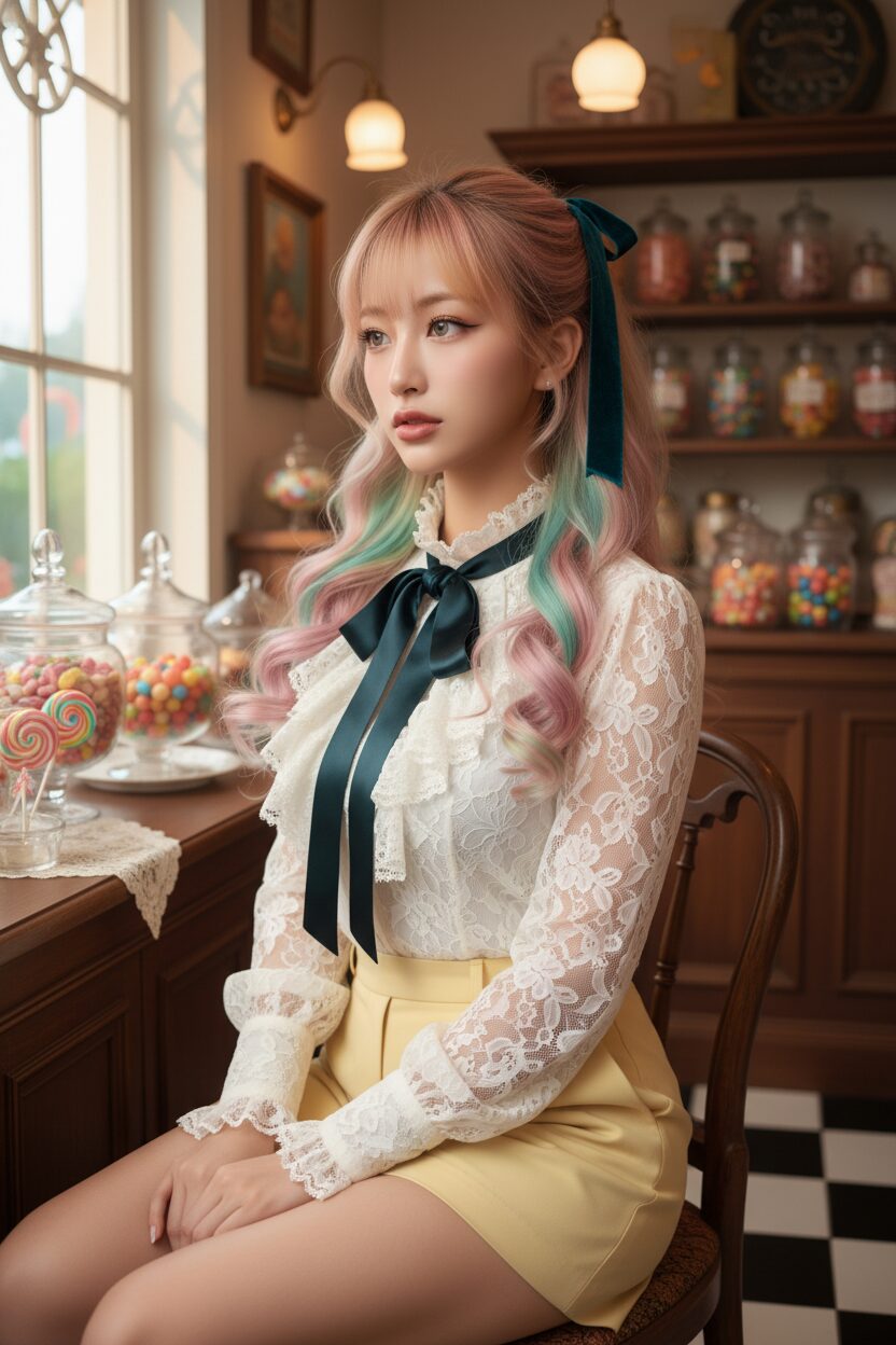 ベルベットのリボンで髪をまとめた、柔らかい虹色オンブレカールの女性のエレガントな七分丈ショット。上品な白いレースのフリルブラウスにリボンタイ、仕立ての良いソフトなパステルイエローのショートパンツを着用。ヴィンテージのキャンディーショップ風の装飾が施された部屋の椅子に座り、大きな窓から優しい光が差し込んでいる。クラシックで洗練されたメイクが施されている。横長（16:9）のプロのファッション撮影。