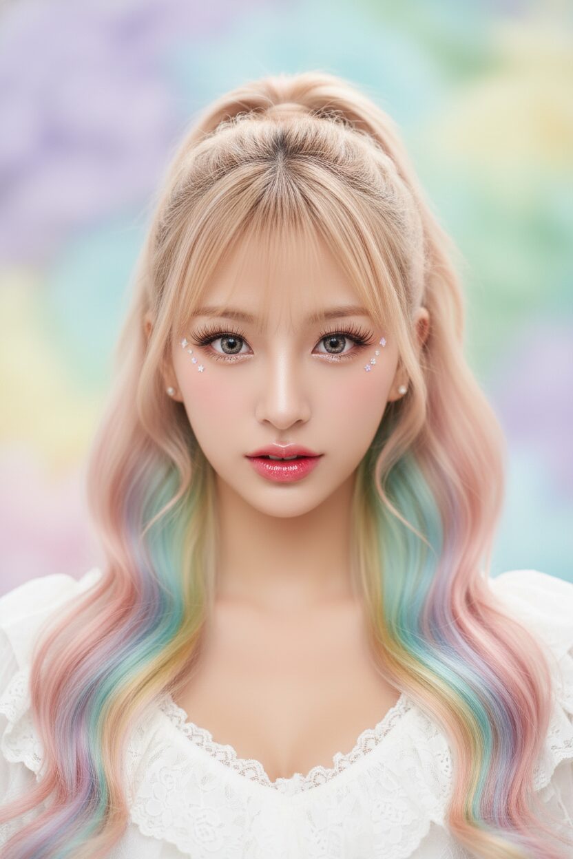 虹色のオンブレヘアの女性のビューティーショット。艶やかなリップ、大きなつけまつげ、カワイイスタイルのメイクに焦点が当てられている。白いフリルブラウスのネックラインがわずかに見えている。背景は柔らかくぼかされたパステルカラー。明るく美しい照明が、ツヤと輝きの質感を強調している。横長（16:9）のプロのビューティー写真。