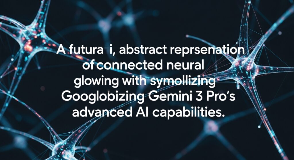 輝く脳のアイコンとそれを囲むようにデジタルコードが流れる様子。Google Gemini 3 Proの高度なAI能力を象徴している。