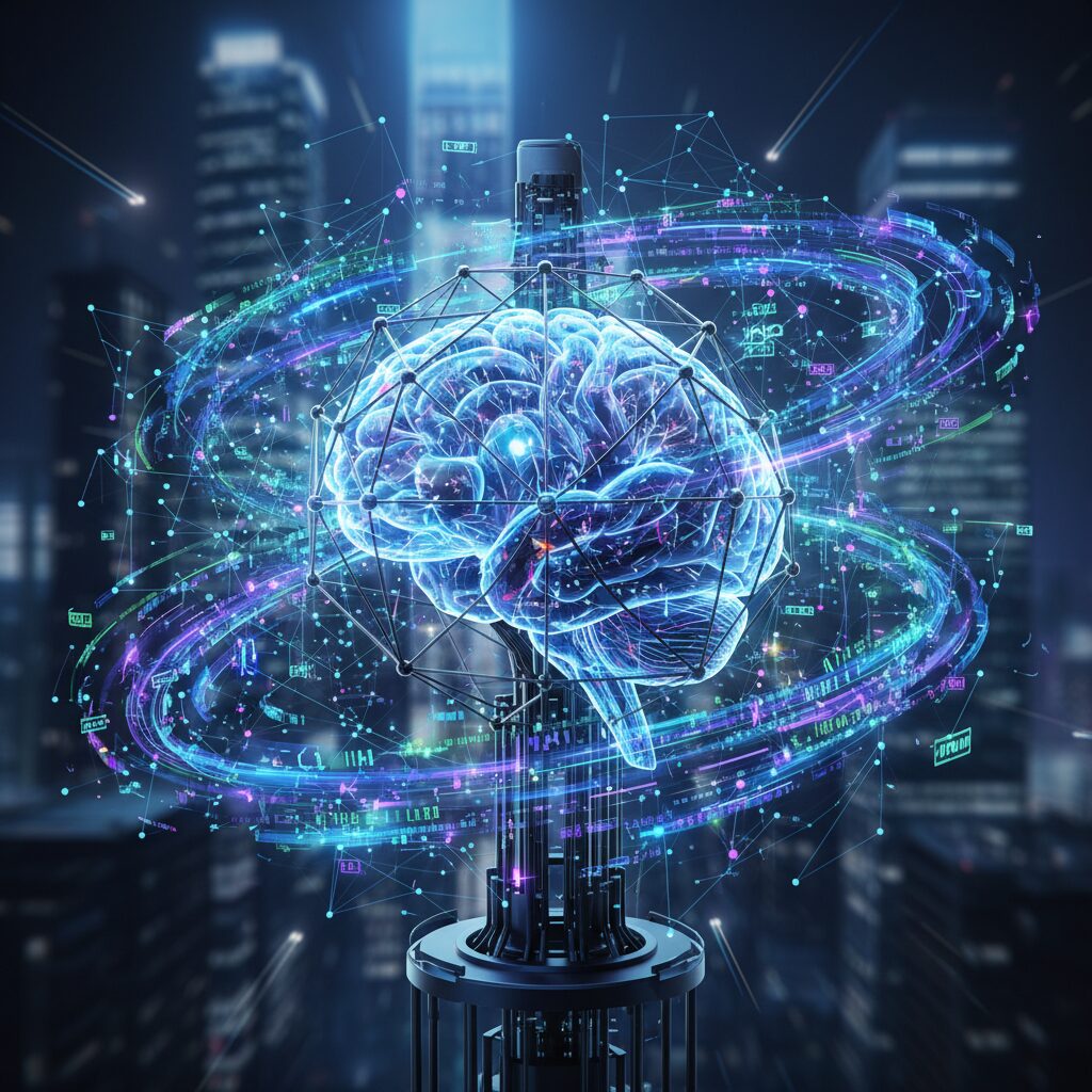 高度に詳細化された未来的な脳が、流れるデータストリームと相互接続されたノードに囲まれ、知性を持って輝いている様子。Gemini 3 ProのDeep Think機能を象徴している。