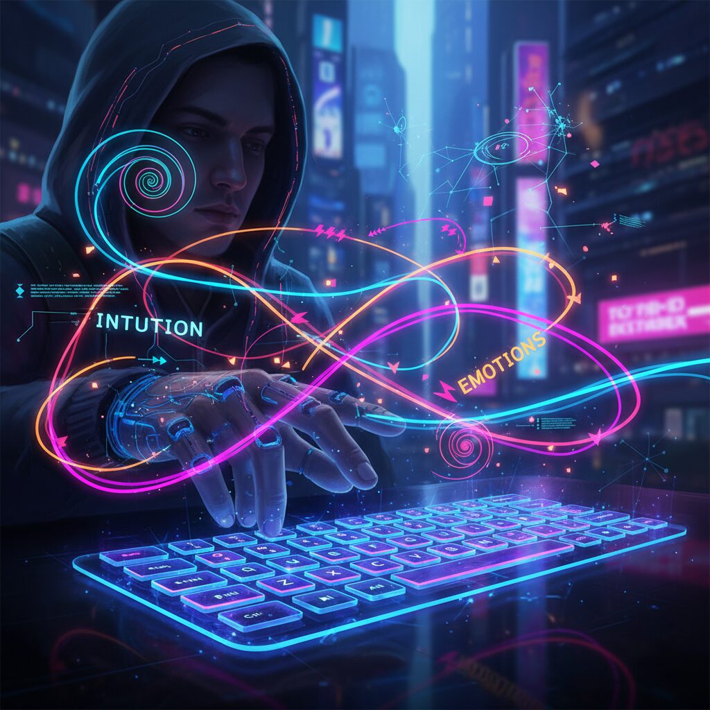 プログラマーの手がホログラフィックなキーボードを操作しており、コードの行が感情や直感を視覚的に表現している。Vibe Codingの概念を表現。