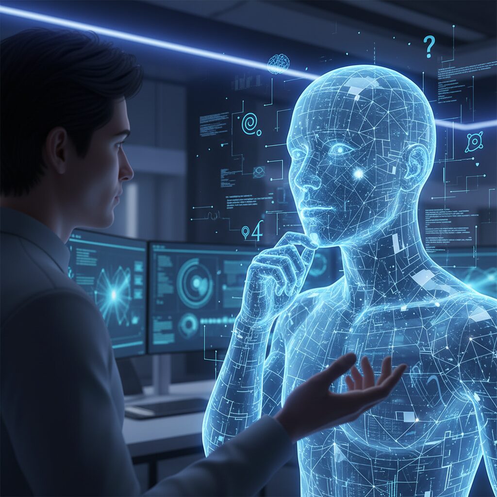 AIアシスタントが人間と深遠な哲学的な会話をしている様子が、ホログラフィックなインターフェースとして投影されている。高度な推論と理解を示している。