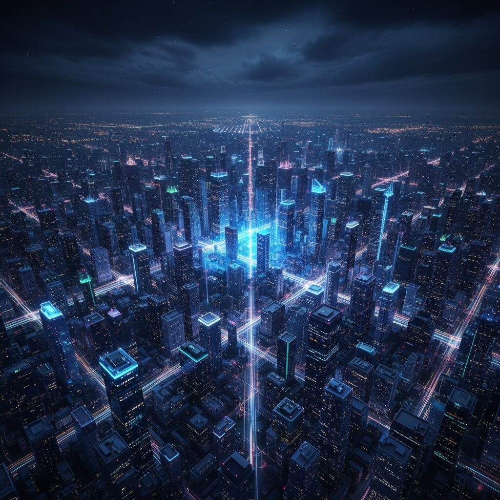 広大な夜の都市として視覚化された複雑なニューラルネットワーク。照らされた経路はデータフローと処理能力を表しており、Gemini 3 Proの規模と洗練さを強調している。