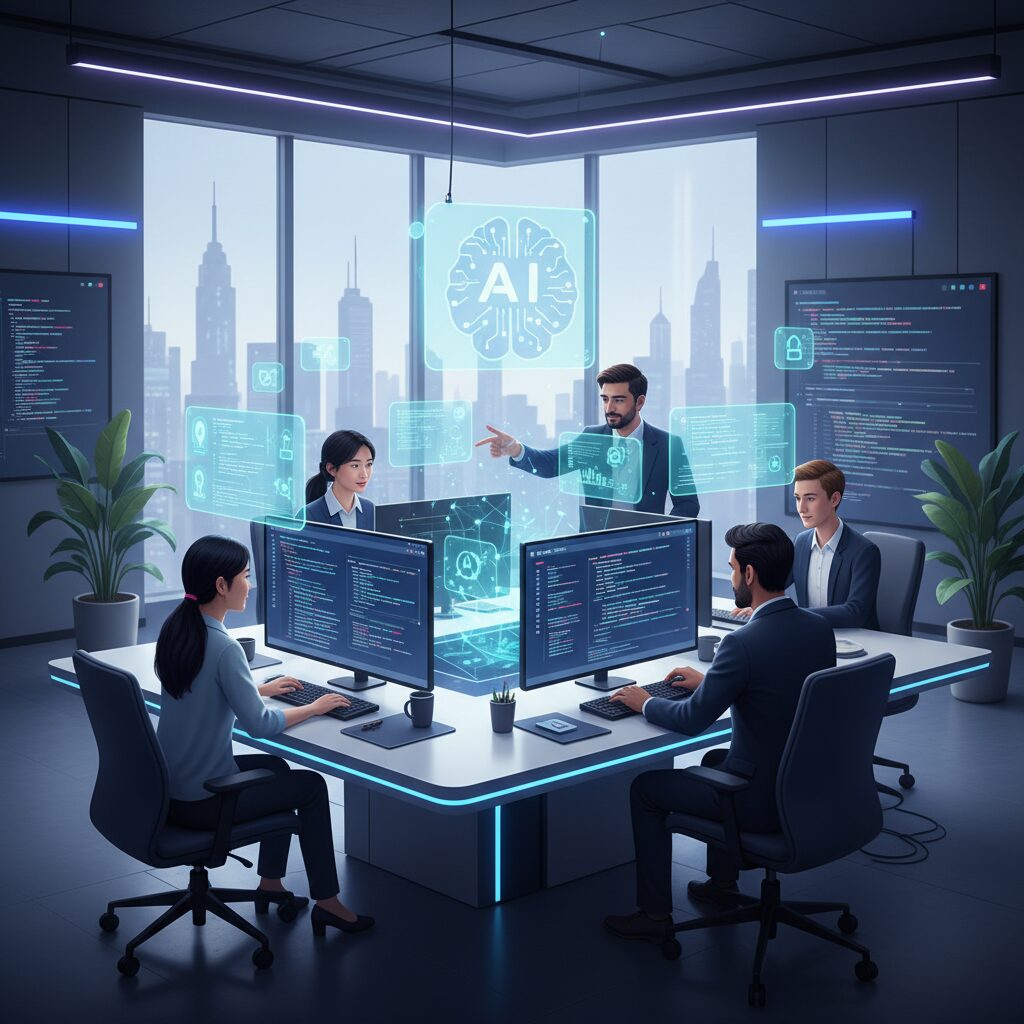 多様な開発者グループがAIとシームレスに協力している様子。AIの提案やコード生成が彼らの画面上に便利なオーバーレイとして表示され、創造性と効率性を高めている。