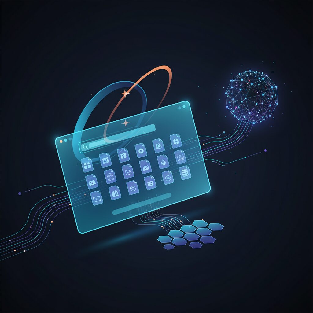 未来的なAIインターフェースがファイルアイコンと検索バーを表示し、Geminiのロゴが控えめに組み込まれている。データの流れが知識ベースに接続され、効率的でインテリジェントなAIシステムのイメージ。