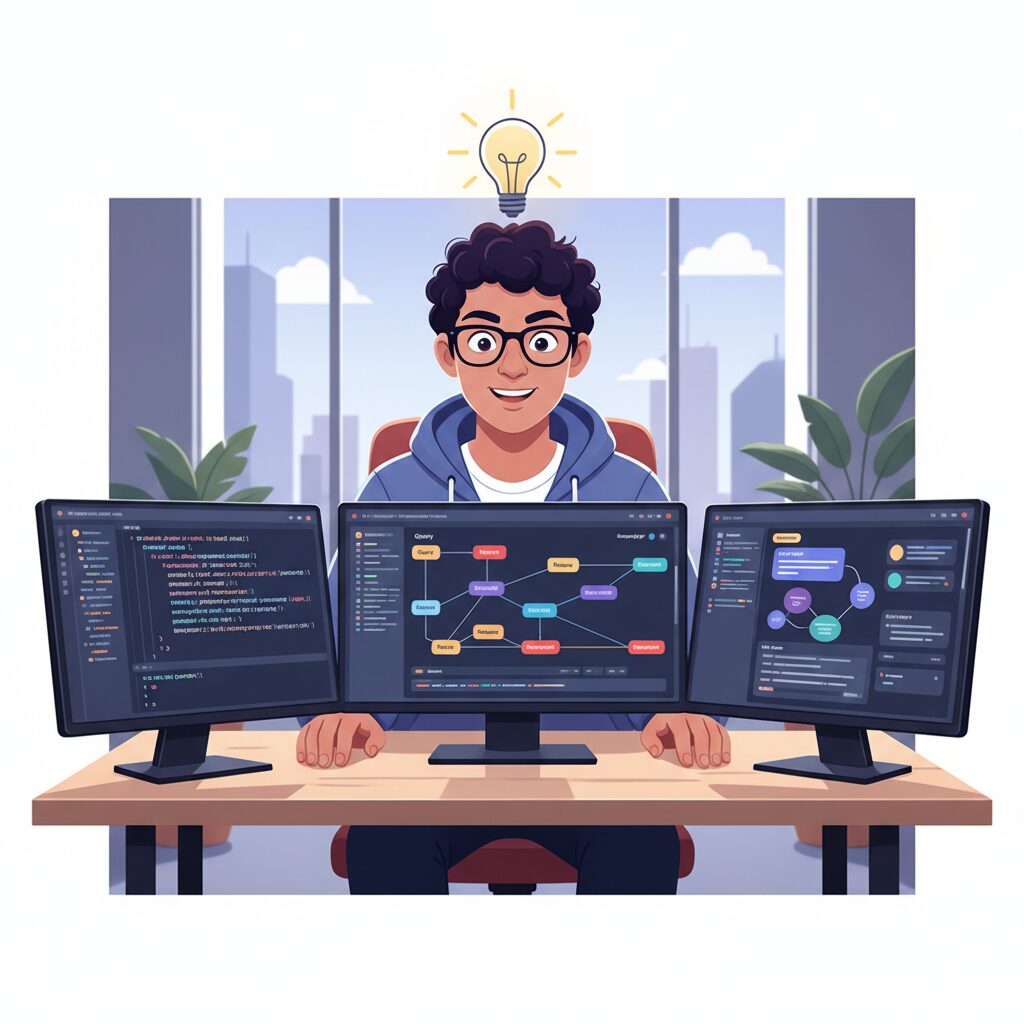 複数のモニターの前でRAGシステムとGemini APIのコードを見つめる開発者の、集中した表情。頭上には「ひらめき！」を象徴する電球が光っている。モダンなワークスペースでの、アイデアがひらめいた瞬間。