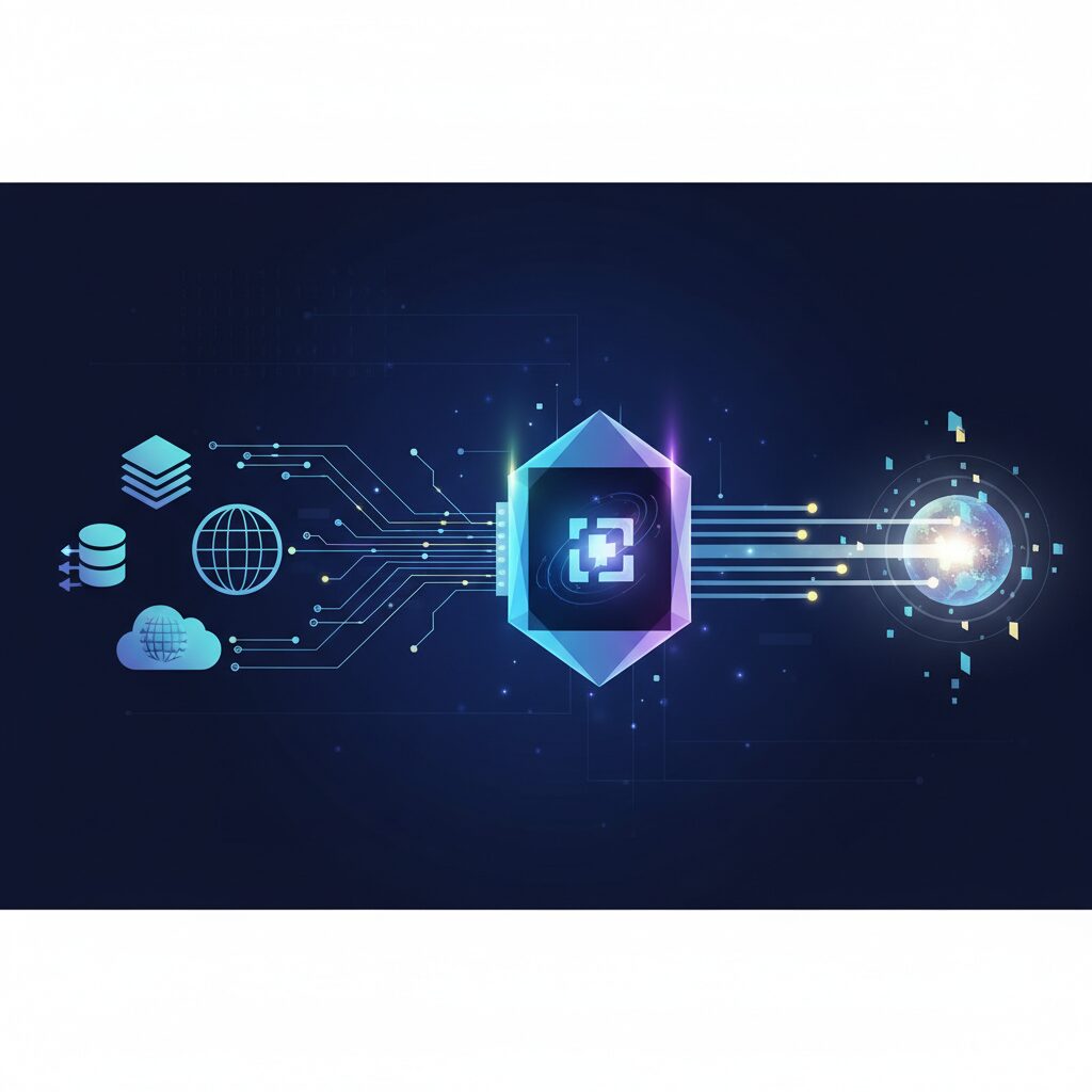 フルマネージドRAGシステムを抽象的に表現したイラスト。文書やデータベース、ウェブコンテンツなど様々なデータソースが「Gemini APIファイル検索」と書かれた中央処理ユニットに流れ込み、正確で文脈に沿った回答を出力している。データ間の滑らかな接続と光るノードが特徴。