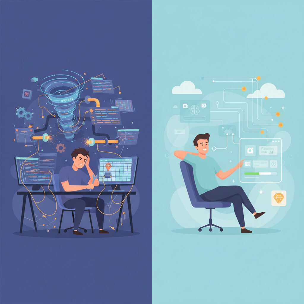 左右に分割された画像。左側は複雑なデータパイプラインと手動インデックス作成に苦労している開発者の苛立った様子。右側は、Gemini APIによる簡素化されたインターフェースで効率的にAIアプリケーションを構築し、リラックスしている開発者。色と雰囲気のコントラストで、開発体験の改善を表現。