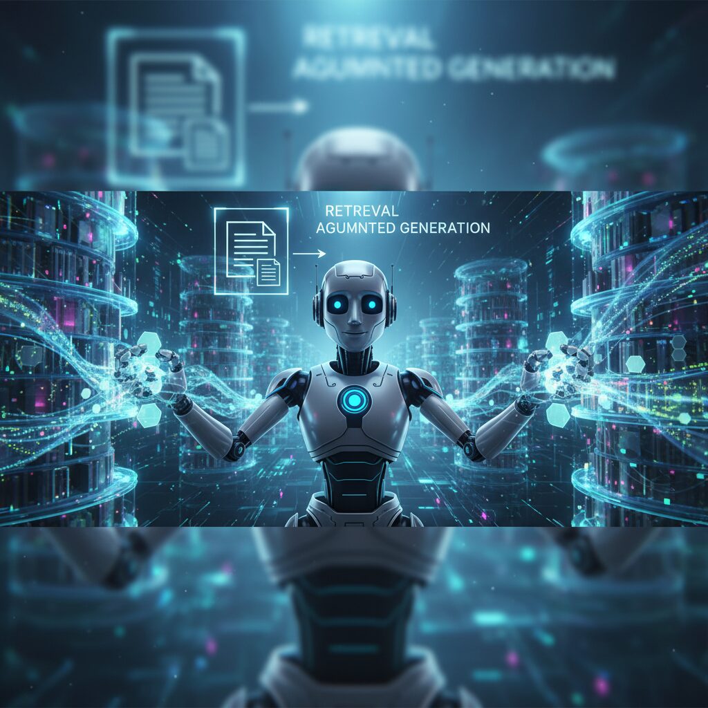 広大な光るデジタルライブラリから特定の文書を効率的に検索・取得する未来のデジタル司書ロボット。RAGにおけるファイル検索の力を象徴しており、ロボットは友好的で知的な印象。