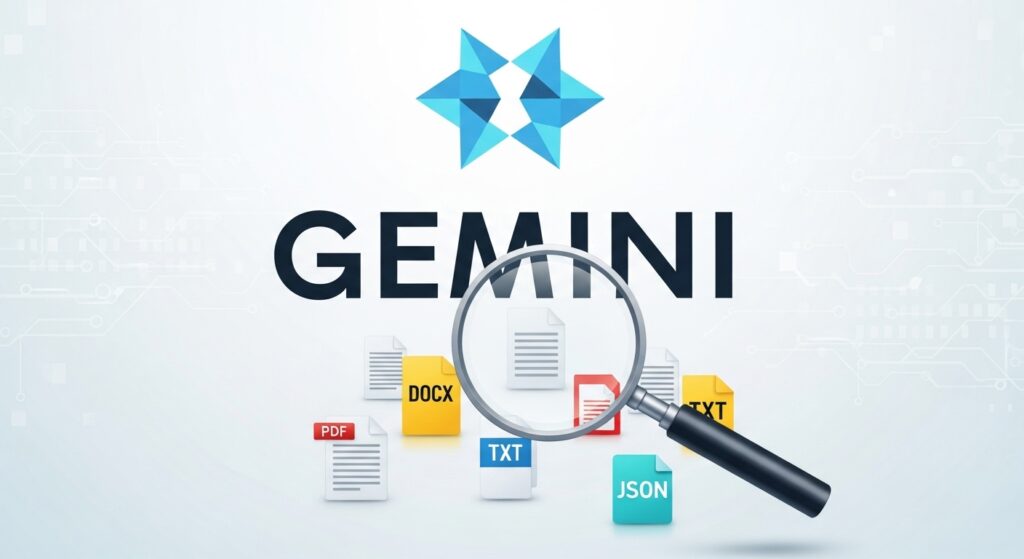 Gemini APIのロゴが中央に光り、その周囲を様々なファイルアイコンと検索バーが囲んでいる。AIが膨大なデータから瞬時に必要な情報を引き出す、効率的でインテリジェントなRAGシステム構築の様子をデジタルアートで表現。