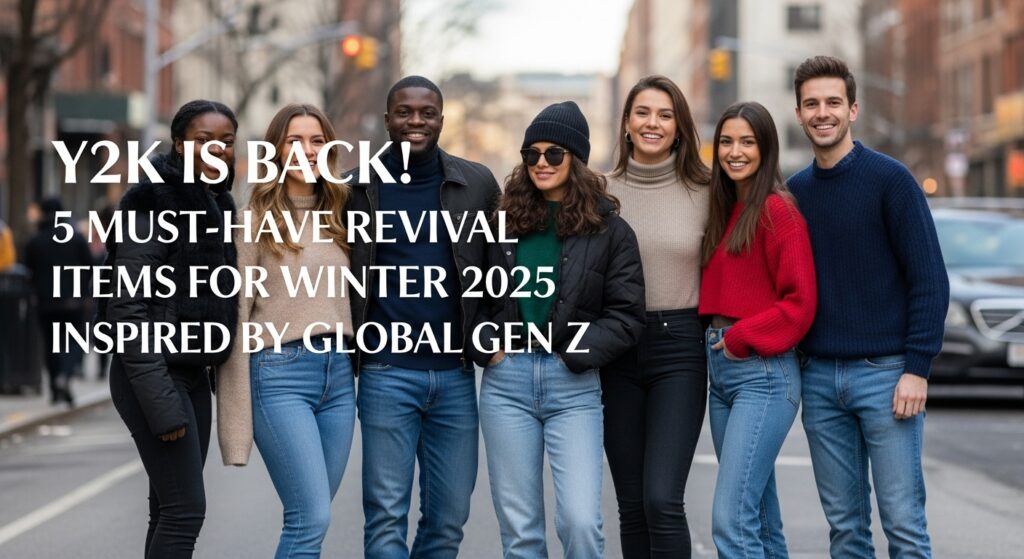 冬のストリートを背景に、ローライズジーンズやクロップド丈ニットなど、Y2Kファッションに身を包んだ多様な人種の友人グループが楽しそうにポーズをとっている様子。