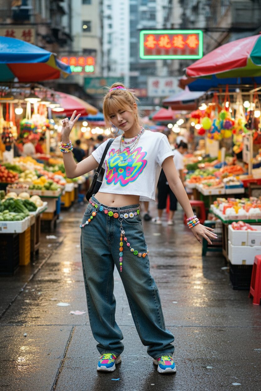 香港の活気ある市場で、楽しそうにポーズをとる若いアジア人女性。ウーミーのようなY2Kファッションに身を包み、クロップド丈のグラフィックTシャツにローライズのバギージーンズ、カラフルなビーズアクセサリーを合わせている。