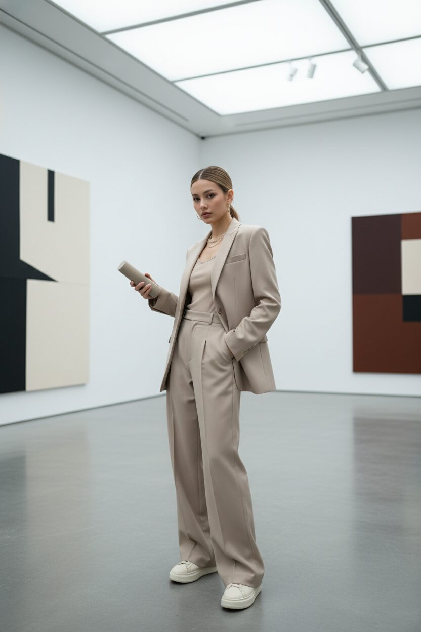 近代的なアートギャラリーで撮影された、ミニマルなファッション。モデルは構築的なデザインのニュートラルカラーのブレザーとワイドパンツを着用し、服のシルエットが際立っている。