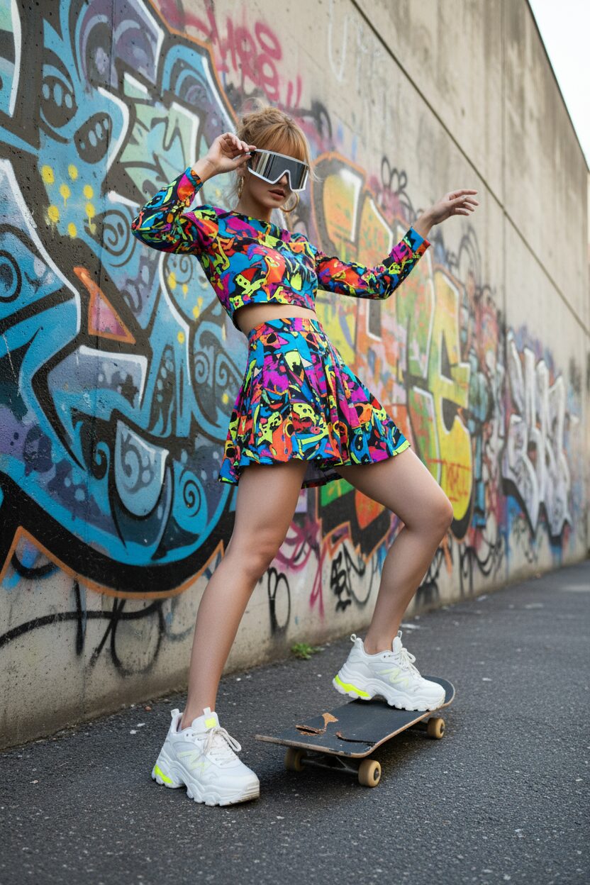 グラフィティアートの壁を背景に、大胆なポーズをとる人物。ジェイデッド・ロンドンのような、鮮やかなグラフィックプリントのセットアップ（クロップトップとミニスカート）を着用している。
