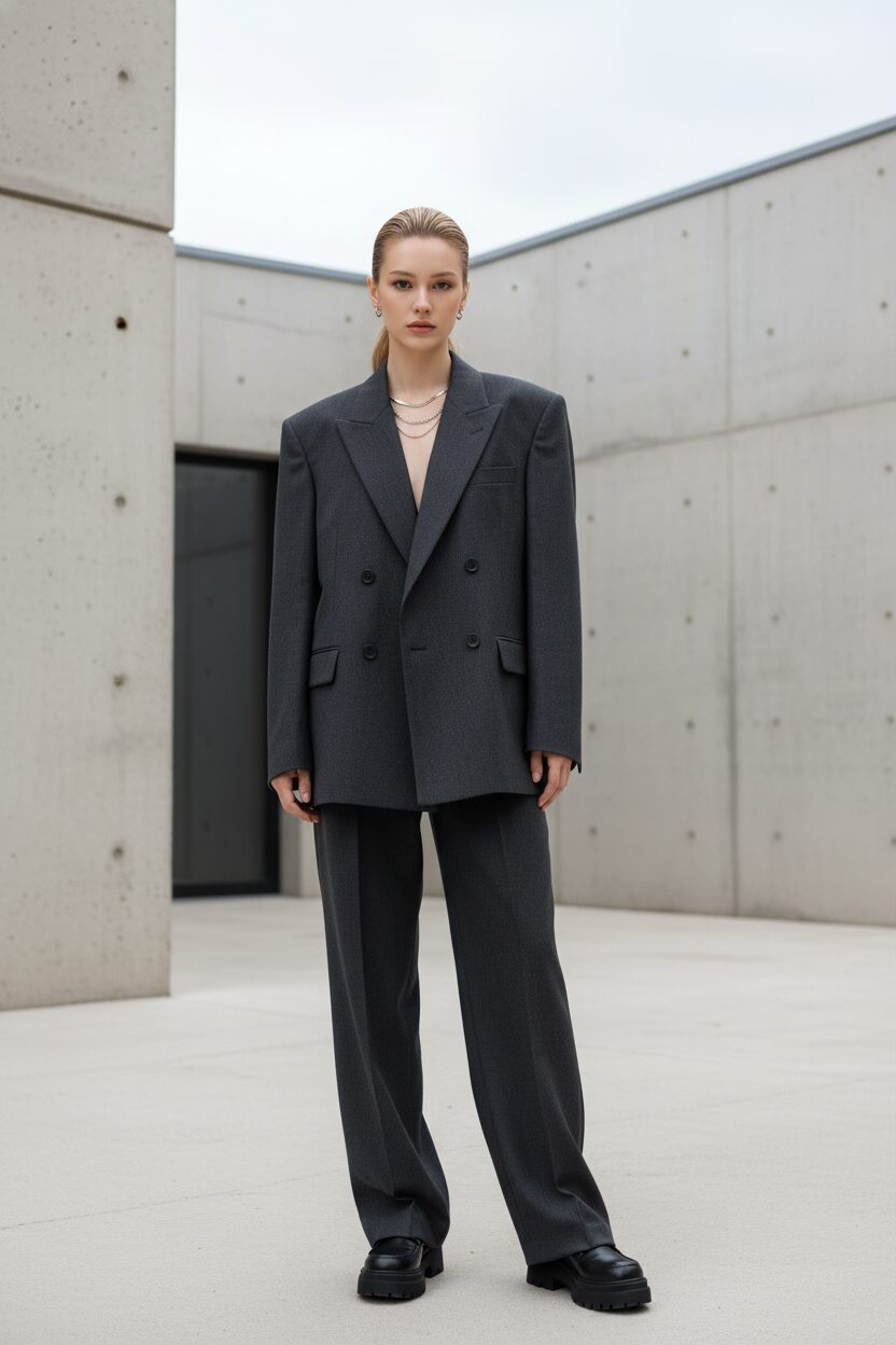 チャコールグレーのウール製オーバーサイズジャケットとワイドパンツを着こなす、中性的な魅力を持つモデルの全身写真。曇り空の下、ミニマルなコンクリート建築を背景に、洗練されたモダンな雰囲気を醸し出しているストリートスタイル風の一枚。