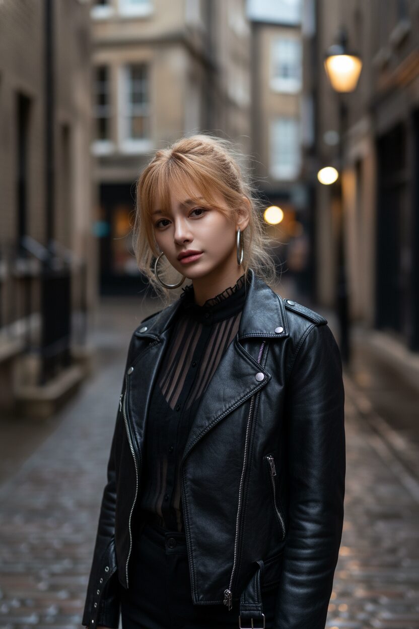 黒のレザーライダースジャケットの下に、繊細なフリルが付いた透け感のあるハイネックブラウスを合わせた、中性的な人物のミディアムショット。ヨーロッパの都市の薄暗く雰囲気のある路地に立ち、素材のコントラストが際立つ、映画のようなライティングの一枚。