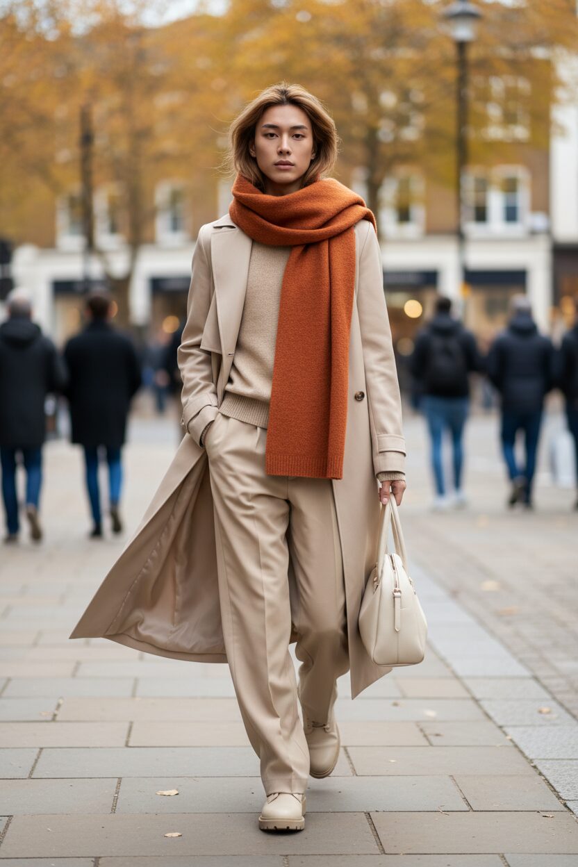 秋のシックな街路を歩く、ジェンダーニュートラルな雰囲気の人物。ベージュとクリーム色を重ね着したロングトレンチコート、カシミアセーター、流れるようなパンツスタイルに、差し色として燃えるようなオレンジ色のスカーフを巻いている。背景の紅葉が美しくボケた、プロのファッションフォト。
