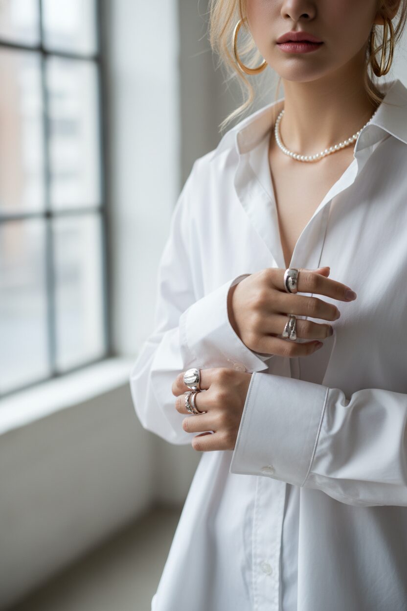 中性的なスタイルの人物の手元と首元に焦点を当てたクローズアップ写真。存在感のあるシルバーリングを複数つけ、繊細なパールネックレスを合わせており、その対比が美しい。パリッとした白いシャツの袖口を整えている。窓からの柔らかい自然光が印象的な、ミニマルな一枚。