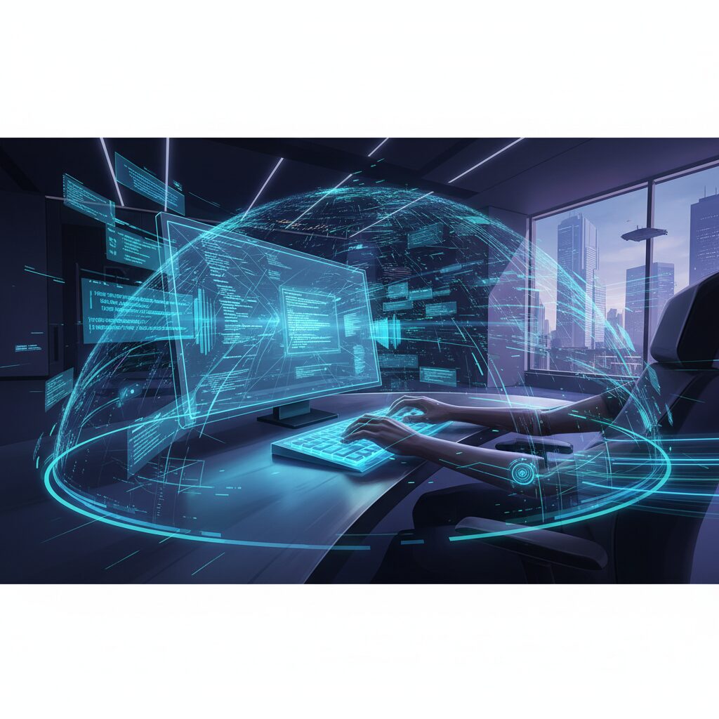 キーボードを高速でタイピングするプログラマーの手。画面からホログラフィックなコードが伸びており、超高速AIコード補完を象徴している。高生産性を表現する洗練された未来的な環境。