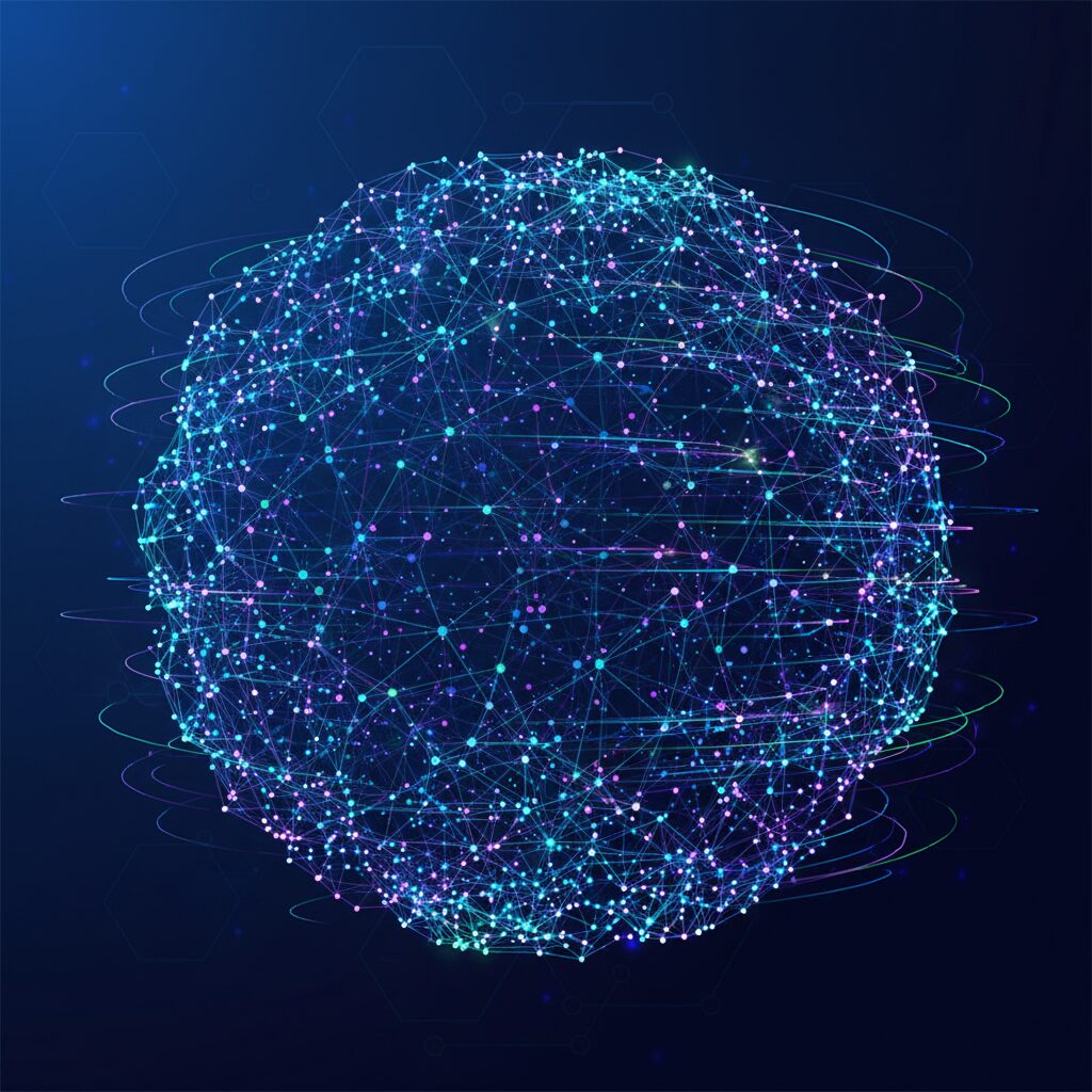 光る相互接続されたノードとして視覚化された複雑なニューラルネットワーク。GitHub Copilotの新カスタムモデルを表し、データが高速で流れており、処理能力の向上を示している。抽象的で技術的なイメージ。