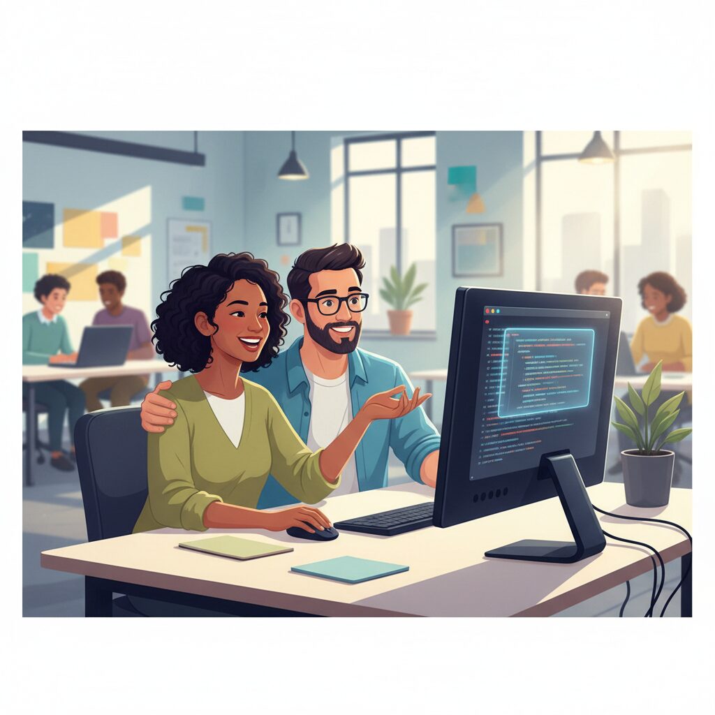 GitHub Copilotの提案が表示された画面を指差しながら、満足げな表情で協力し合う2人の開発者。背景はモダンで明るいオフィス空間で、チームワークとワークフローの改善を強調している。