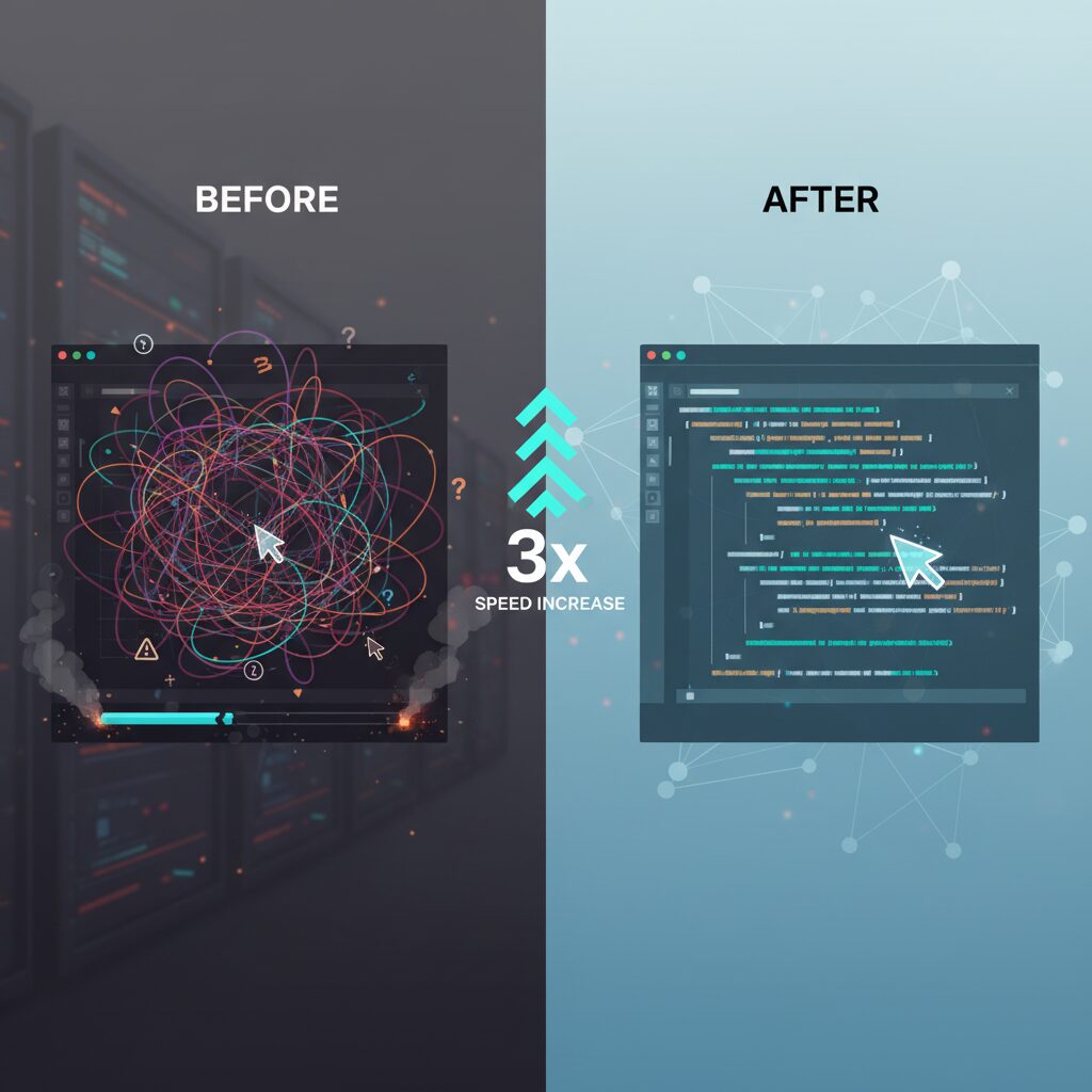 ビフォーアフターの視覚化：片側にはもたつき、コードが絡まったエディタがあり、もう片側にはクリーンで自動補完されたコードが表示されたスムーズで効率的なエディタがあり、3倍の速度向上を明確に比較している。