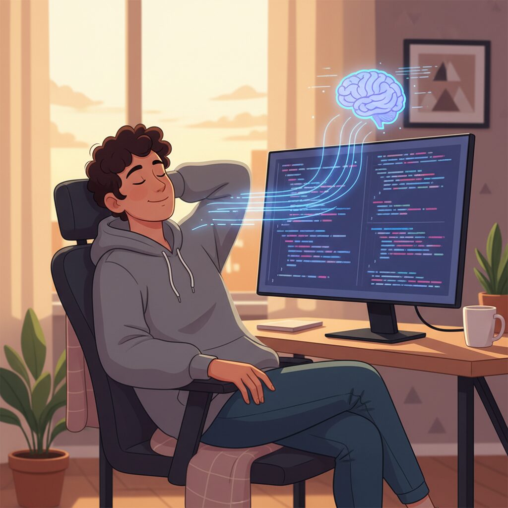 GitHub Copilotが反復的なコーディングタスクをバックグラウンドで処理している中、リラックスして集中している開発者。精神的負担の軽減と仕事の満足度の向上を伝えるシーン。快適なワークステーションの柔らかく温かい照明。