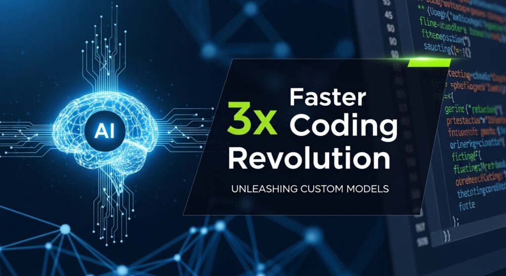 プログラミング中の開発者の手元に、GitHub Copilotが3倍高速化されたコード補完候補を瞬時に表示しているデジタルインターフェースのイメージ。生産性向上を象徴する光の線が描かれている。