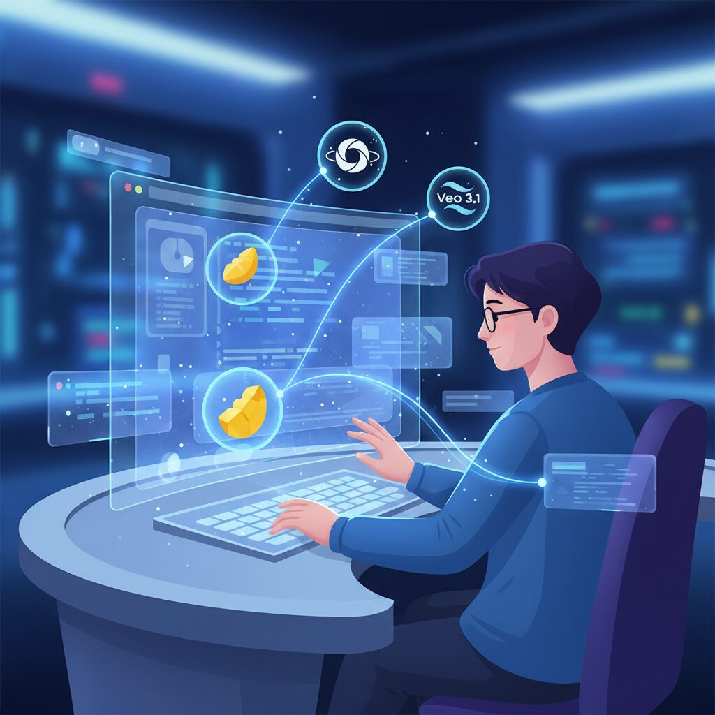 Google AI Studioでシームレスに作業する開発者。複数のAIモデル（Nano Banana、Imagen 4、Veo 3.1のアイコン）がワークフローに統合され、それらを繋ぐ光るデジタルラインが描かれている。効率性と革新性を強調。