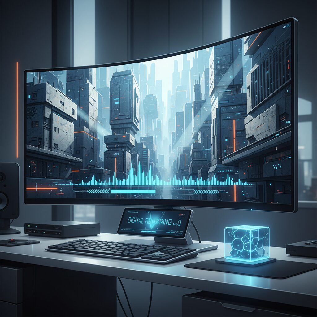 Imagen 4によって生成された、非常に詳細でフォトリアリスティックな画像。複雑なテクスチャ、完璧なライティング、正確なテキストレンダリングが大きな画面に表示されている。