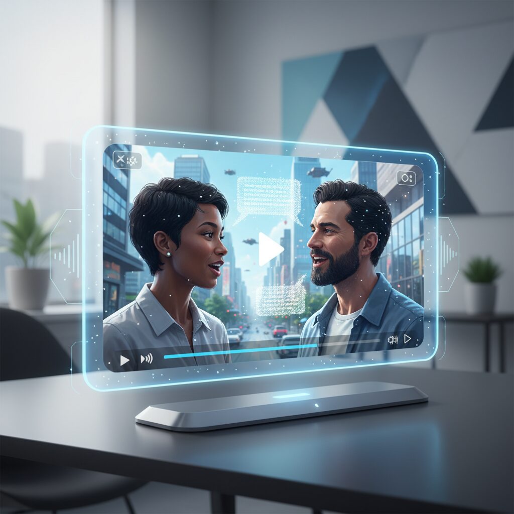 Veo 3.1によって生成された、リアルなキャラクターと同期された対話、周囲のサウンドを含む短くダイナミックなビデオクリップ。未来的なホログラフィックディスプレイに表示されている。