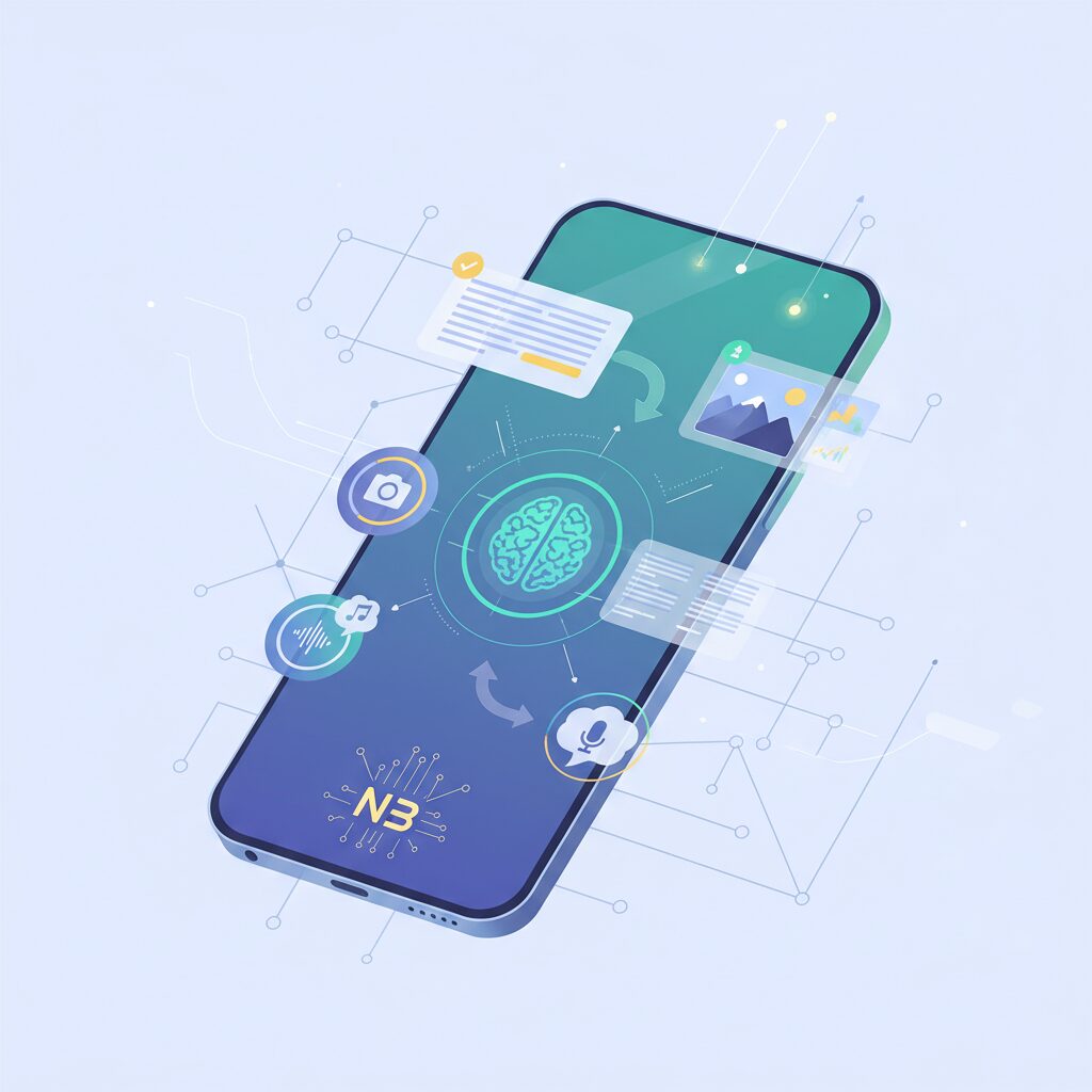 Nano Bananaによって最適化されたAI搭載アプリケーションを実行中のスマートフォン。インターネット接続なしで、高速なオンデバイス処理とマルチモーダル機能（テキスト要約、画像分析、音声処理など）を実演している。