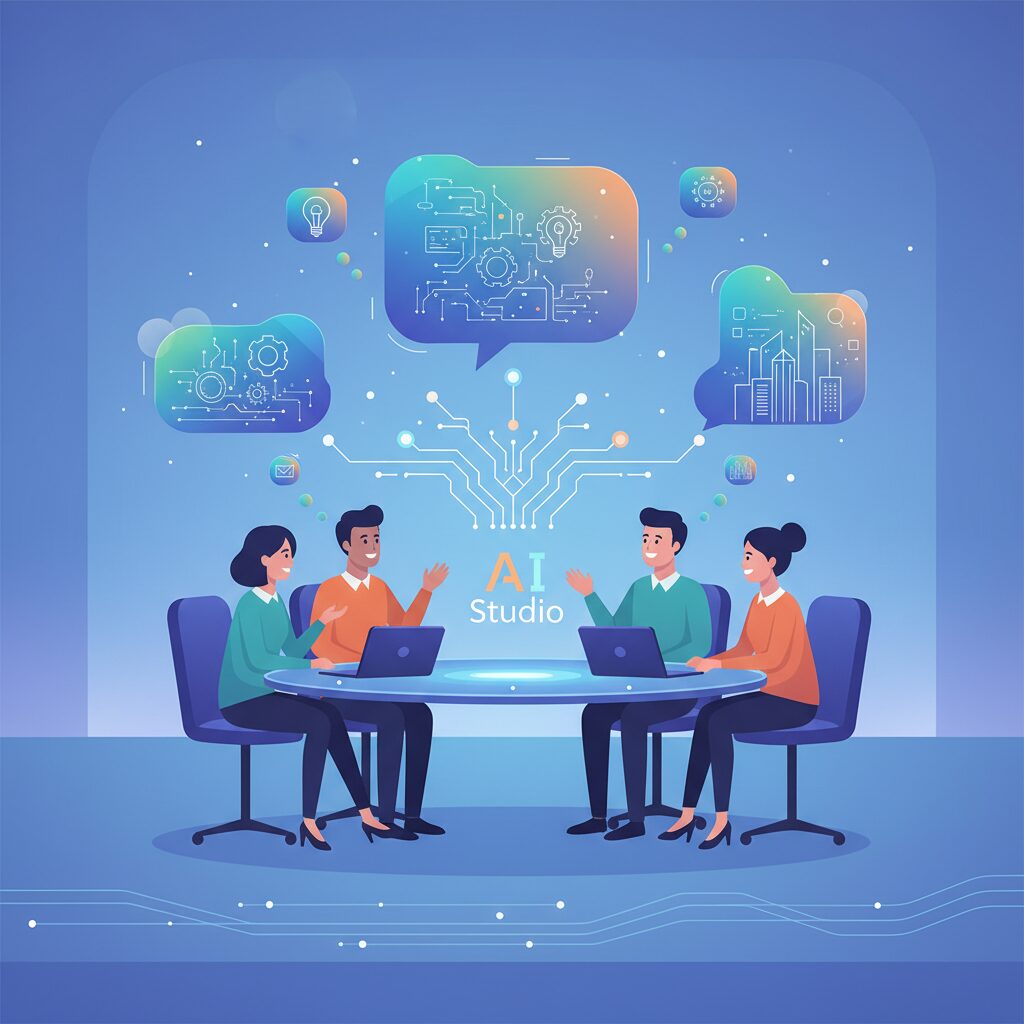 Google AI Studioを介して様々なGoogle AIモデルをシームレスに統合することで、新しいアイデアをブレインストーミングするクリエイティブチーム。AIが生成したコンセプトがデジタル思考バブルとして彼らの頭上に浮かんでいる。