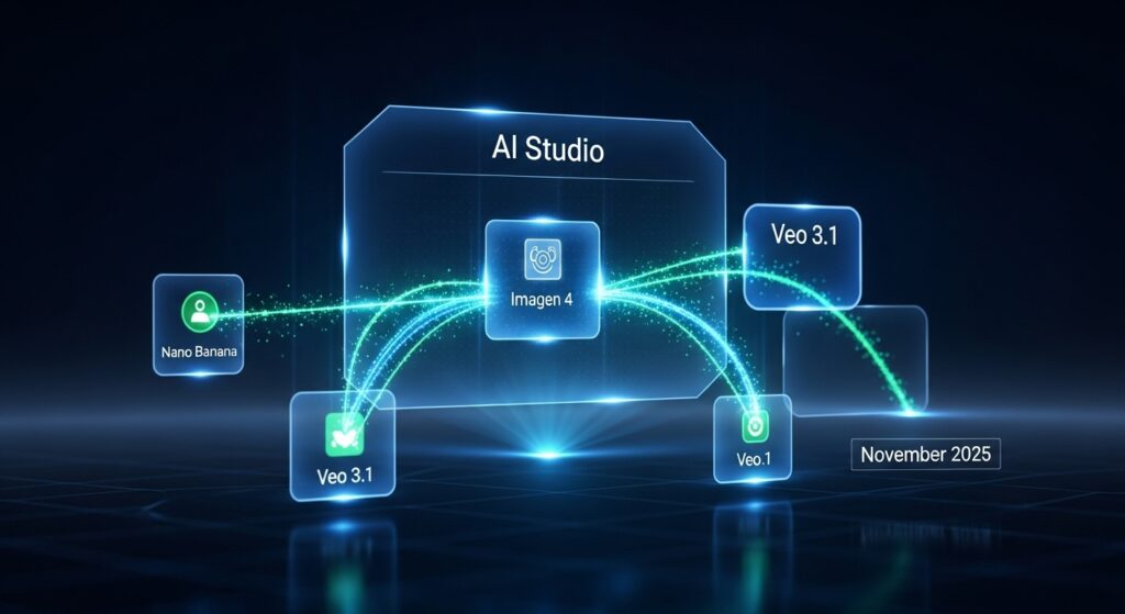 未来的なデジタルインターフェースに表示されたGoogle AI Studioのロゴと、周囲に浮かぶNano Banana、Imagen 4、Veo 3.1のアイコン。AI開発の可能性と創造性を象徴する鮮やかな光が描かれている。