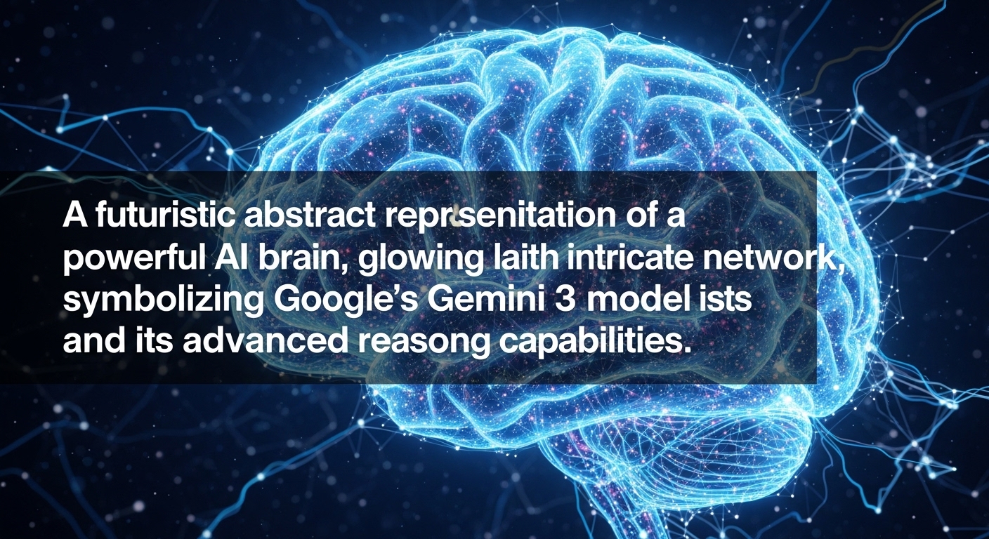 青い光を放つ未来的なAIチップと、それを囲むようにデータフローを示すデジタルインターフェース。Google Gemini 3の革新的な技術を象徴している。