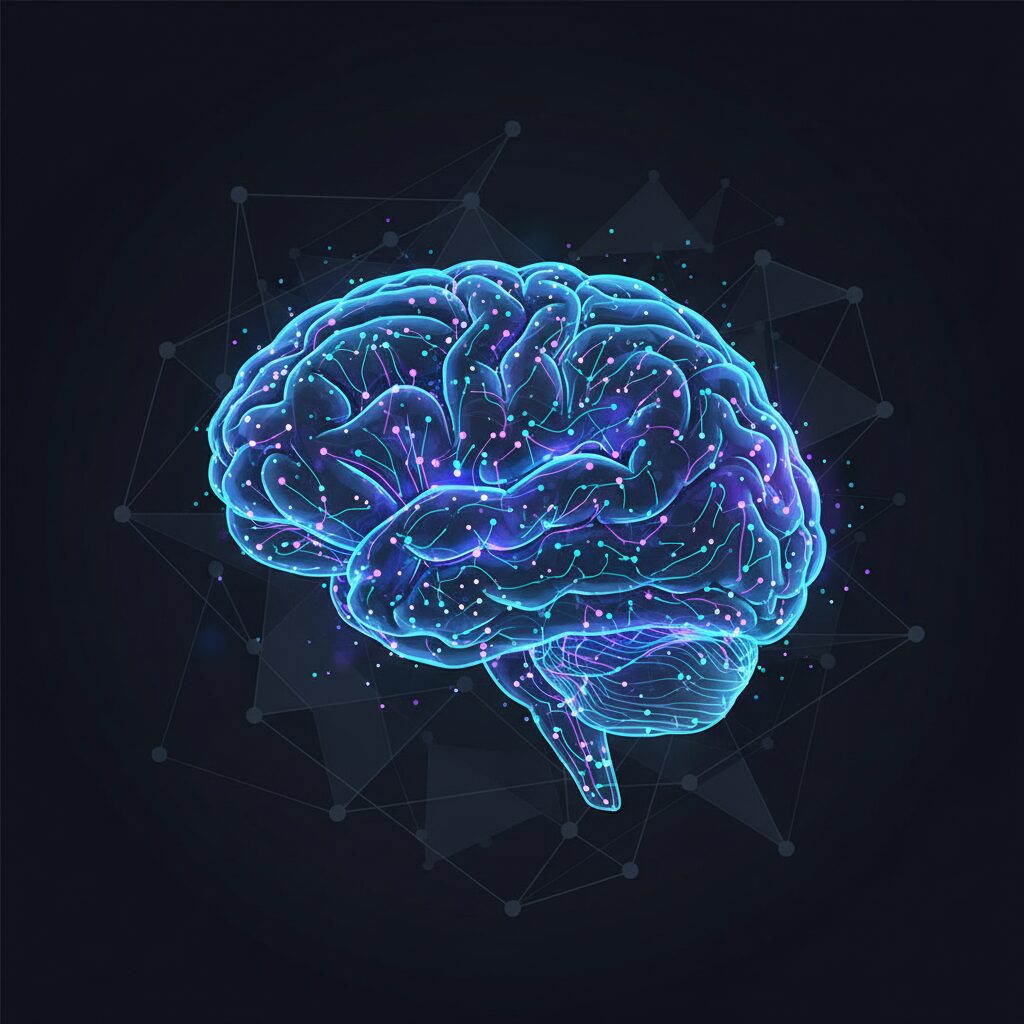 複雑な神経経路が光る未来的なデジタル脳が、暗いハイテク背景に浮かび上がっている様子。高度なAI推論能力を表現している。