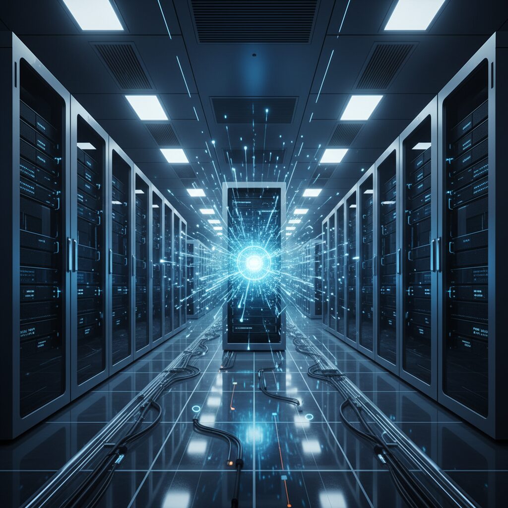 青い光を放つデータセンターのサーバーラック。その中の一つが特に強く輝き、Gemini 3のような次世代AIモデルを支える途方もない計算能力を象徴している。