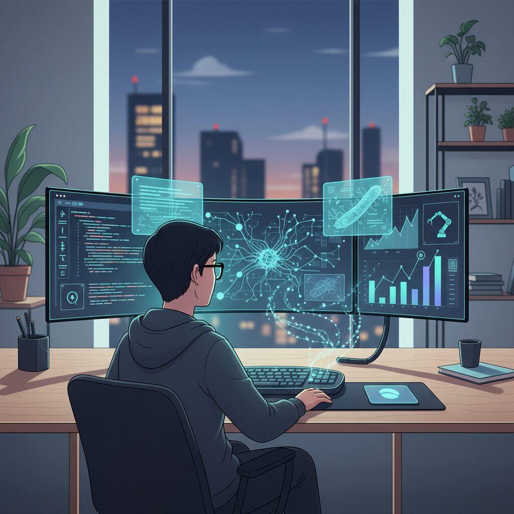 複数のモニターに複雑なデータ可視化とコードが表示されたデスクに座り、深く集中している人。画面からかすかな光が放たれ、高度なAIを活用して生産性を向上させている開発者を表している。