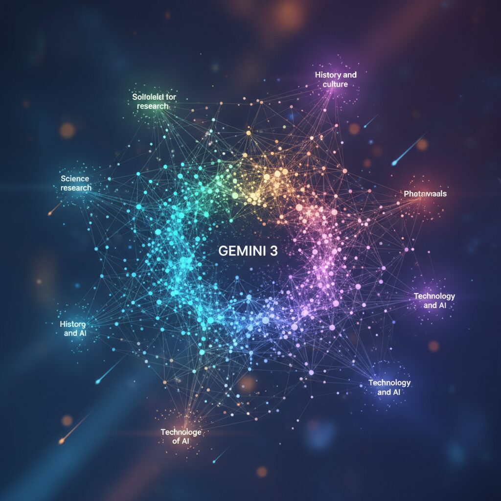 光るノードと線で構成された、相互接続されたネットワークと知識グラフの抽象的な表現。Gemini 3が多様な領域にわたる広範で深い理解を持っていることを示している。