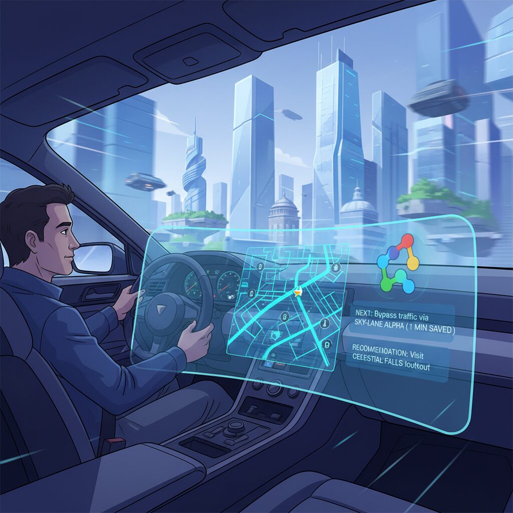 未来的な車のダッシュボードに、Gemini AIを搭載したGoogleマップのナビゲーションが表示されている。ランドマークに基づいた指示と、AIアシスタントのアイコンが見える。ドライバーはリラックスして道路に集中しており、マップは能動的な提案をしている。